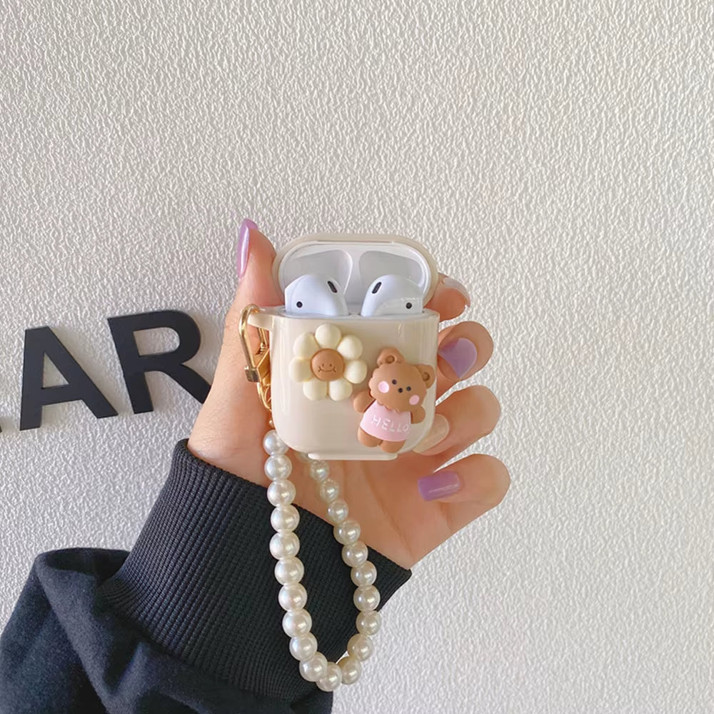 Cute Retro Beige Case for Apple Airpods 1 2 3Rd Generation Bear Cherry Case for Airpods Pro Case Keychain Lanyard Luxury Case
