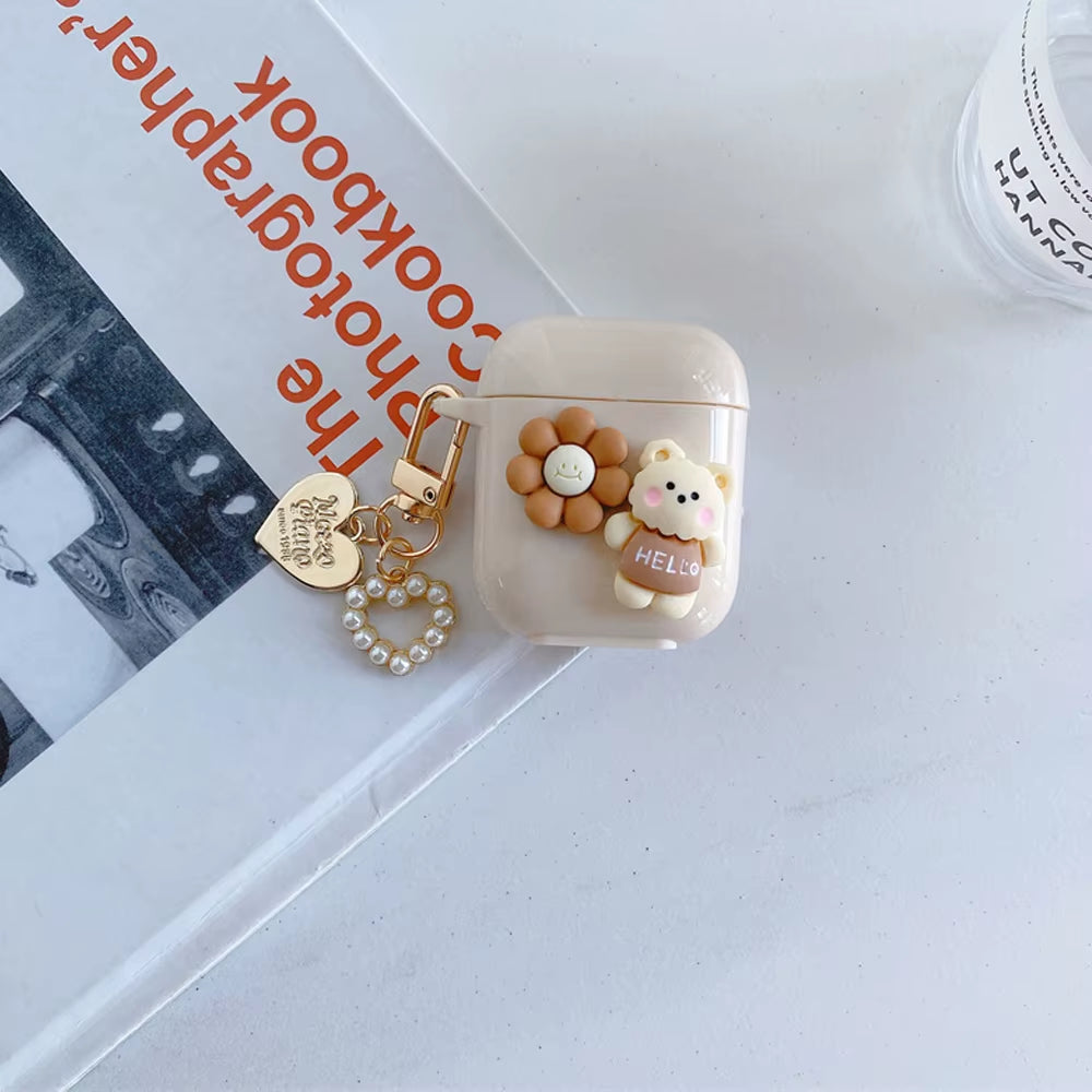 Cute Retro Beige Case for Apple Airpods 1 2 3Rd Generation Bear Cherry Case for Airpods Pro Case Keychain Lanyard Luxury Case