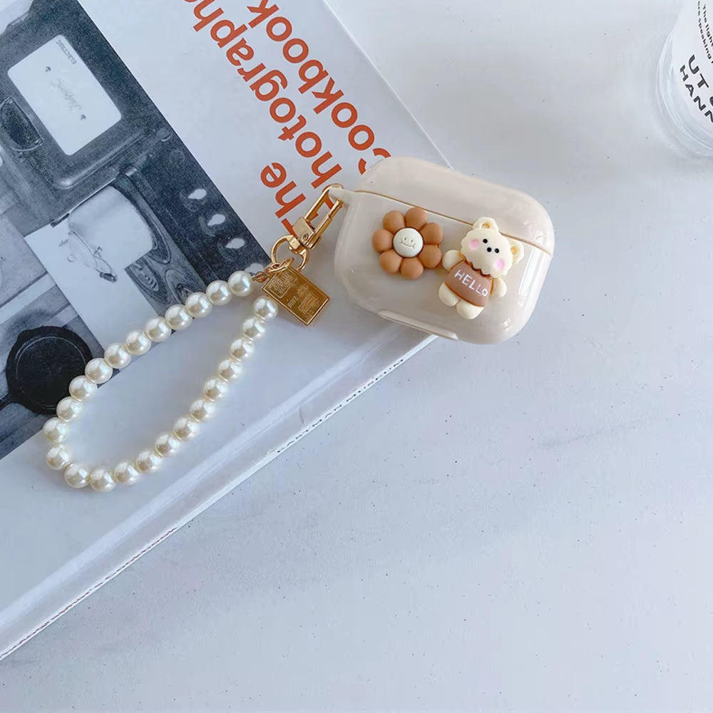 Cute Retro Beige Case for Apple Airpods 1 2 3Rd Generation Bear Cherry Case for Airpods Pro Case Keychain Lanyard Luxury Case