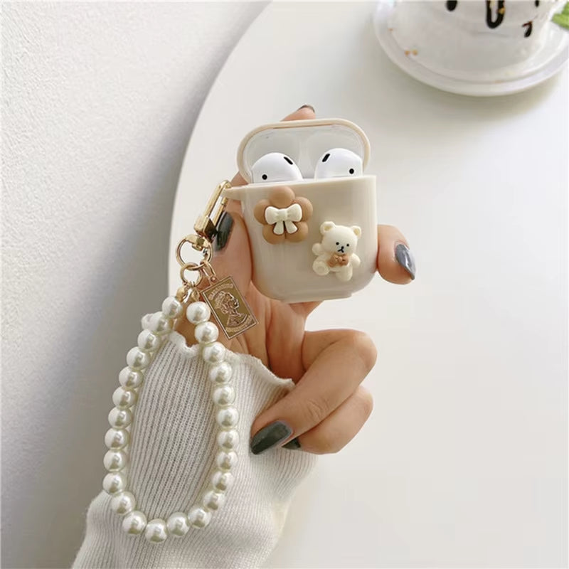 Cute Retro Beige Case for Apple Airpods 1 2 3Rd Generation Bear Cherry Case for Airpods Pro Case Keychain Lanyard Luxury Case