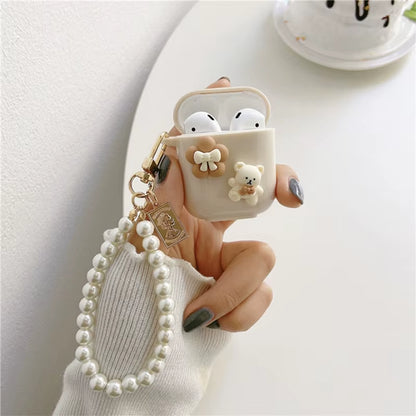 Cute Retro Beige Case for Apple Airpods 1 2 3Rd Generation Bear Cherry Case for Airpods Pro Case Keychain Lanyard Luxury Case