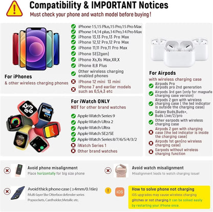 3 in 1 Foldable Charging Station Compatible with Apple Products,Fast Wireless Charger Travel Dock Adapter&Light for Iphone 15 14 13 12 11 Pro Max,Watch 9 8 7 6 5 4 3 2 Se and Airpods,Black