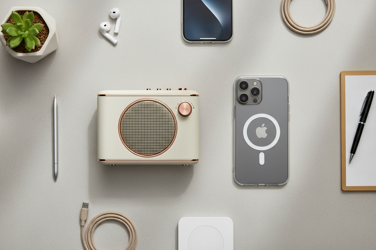 High-resolution, modern editorial flat lay photo. The scene showcases premium, trending tech gadgets on a sleek, minimalist desk surface (light concrete or refined pale wood). Central to the composition are: 

1.  **A vintage-inspired, cream/off-white portable Bluetooth speaker** with a classic grille and rose gold accents, embodying retro-modern fusion.
2.  **A modern smartphone (e.g., iPhone 15 Pro)**, clearly displaying **a transparent, crystal-clear case with a visible white MagSafe charging ring**.

Th